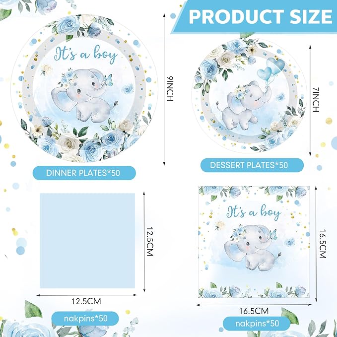 Funnymoom 200 Pcs Elephant Baby Shower Party Supplies Kit It's a Boy Disposable Paper Dinner Plates Dessert Plates Baby Gender Reveal Napkins for Blue Floral Elephant Baby Shower Party 50 Guests