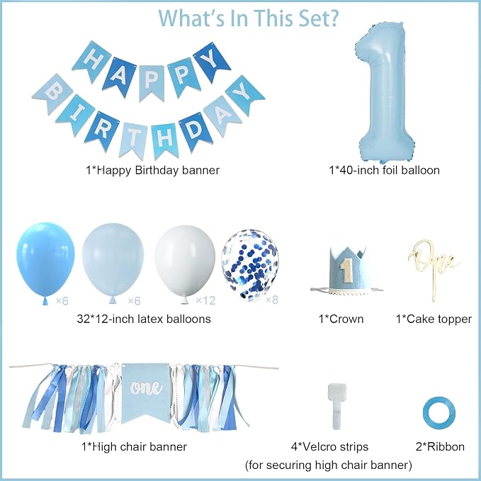 First Birthday Decorations for Boy - Complete Party Set with High Chair Banner, Number 1 Balloon, One Cake Topper, Crown, Balloons & Birthday Banner(Blue)