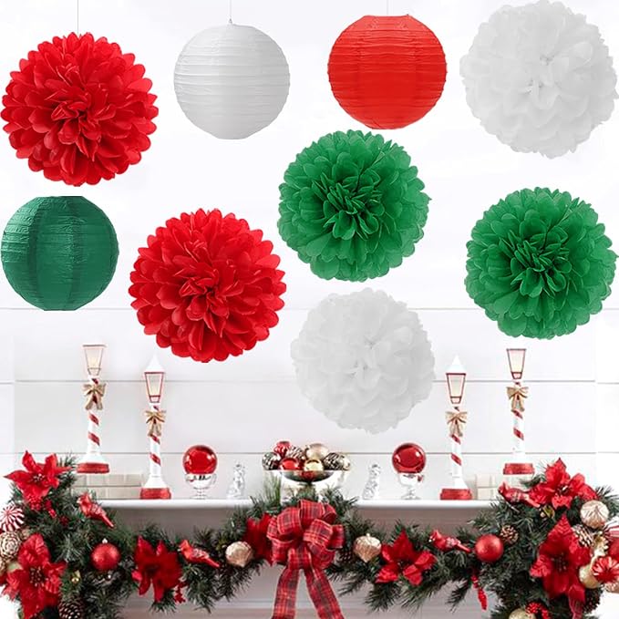 Red Green White Paper Flowers Tissue Pom Poms Honeycomb Lanterns 15pcs Christmas Party Decorations Mexican Italian Birthday Wedding Baby Shower Bachelorette Hanging Supplies Mprocherify