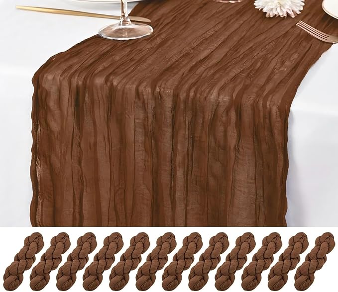 10 Pack Brown Cheesecloth Table Runner 17x108 Inch Semi Sheer Boho Gauze Cheese Cloth Table Runners, for Wedding Bridal Shower Birthday Party Home Decor Garden Farmhouse