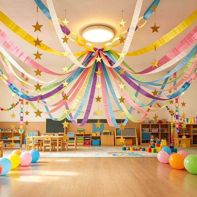 Pastel Birthday Party Decorations Kit with 492ft Crepe Paper Streamers, 300 Paper Chain Strips, 78.6ft Gold Star Garland and 30 Pastel Balloons for Wedding Birthday Party DIY Crafts Hanging Decor