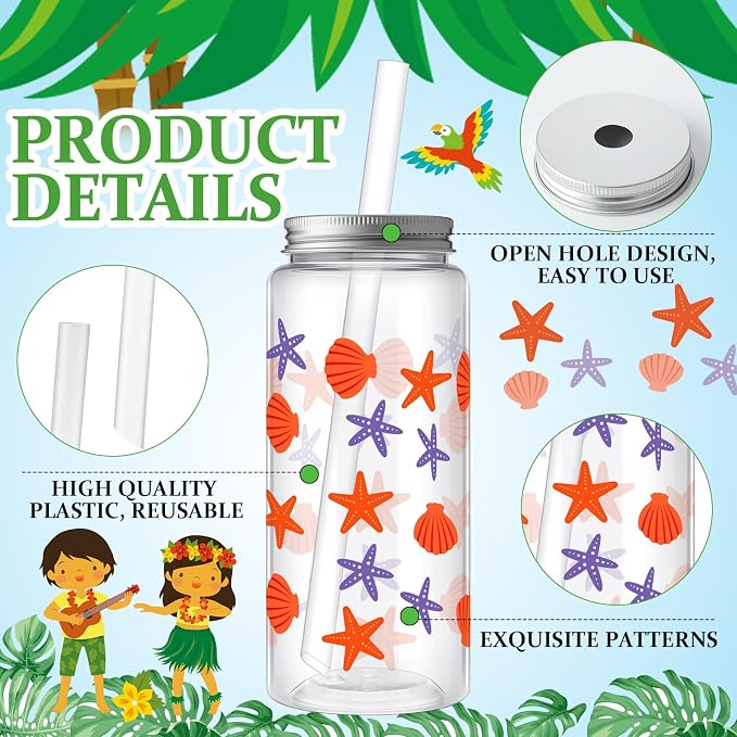 Skylety 30 Pcs Hawaiian Luau Cups 13. 5 oz Summer Tropical Plastic Cups with Lids and Straws Reusable Cute Plastic Tumbler for Hawaii Beach Sea Summer Birthday Party Drinkware Supplies