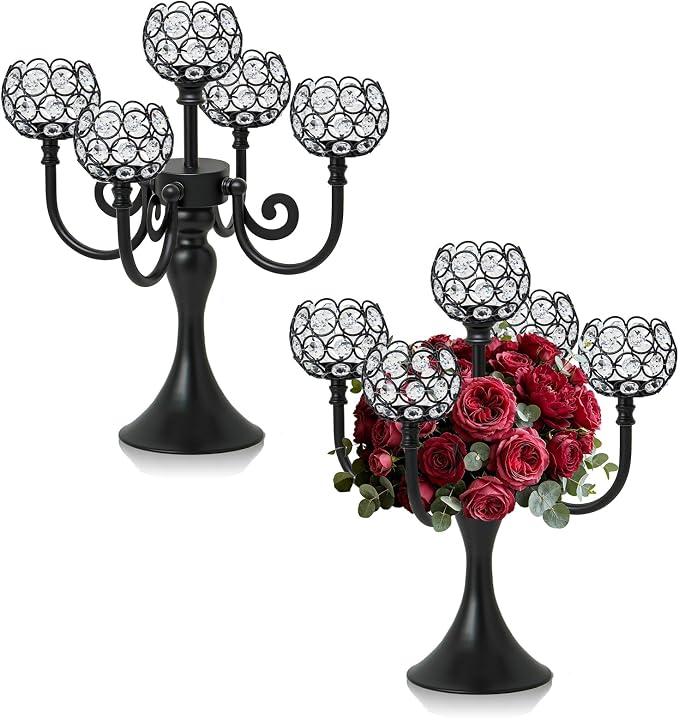 5 Arm Metal Crystal Candelabra Centerpiece - 13.4 Inch Elegant Candle Holder with Crystal Beads for Wedding Party Christmas Home Dining Table Decoration (2, Black)