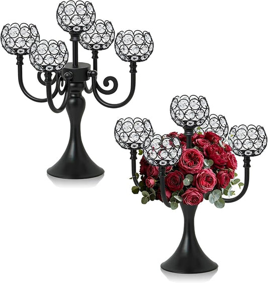 5 Arm Metal Crystal Candelabra Centerpiece - 13.4 Inch Elegant Candle Holder with Crystal Beads for Wedding Party Christmas Home Dining Table Decoration (2, Black)