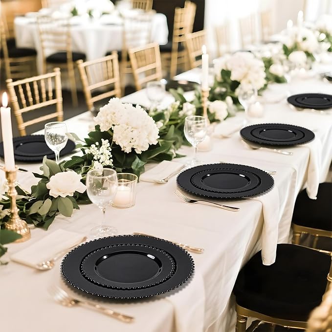 U-QE 60PCS Black Plastic Plates - Heavy Duty Black Disposable Plates Including 30PCS 10'' Dinner & 30PCS 7.5'' Dessert Plates -Hard Plastic Plate for Party Wedding Bridal Shower