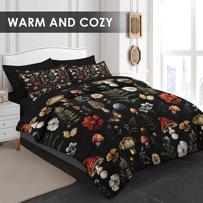 Pamnest Comforter Set Twin Size, Mushroom Fern 5 Pcs Bedding for Kids and Adults, Woodland Plants Botanical Bed Sheet Sets with Fitted Sheet Pillowcases & Shams for Bedroom Bed Decor