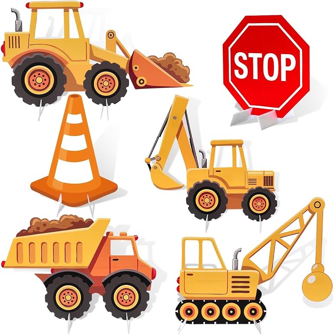 6 Pcs Large Construction Party Decorations, Truck Themed Cardboard Cutouts Standup, Excavator Traffic Cone Stop Yard Sign for Construction Birthday Baby Shower Indoor Outdoor Photo Prop