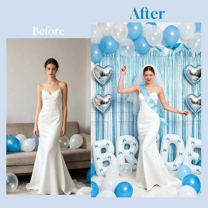 Bachelorette Party Decorations, Light Blue Bridal Shower Decor Set with 40" Bride Balloons, White Sash, Veil, Foil Curtains, Banner & 30pcs Blue Butterflies for Beach Coast Lake Party