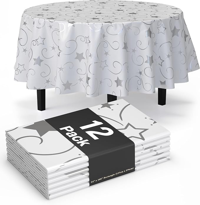 Exquisite Silver Star Tablecloth Plastic 12-Pack Disposable Round Tablecloths 84" Silver Star Table Cloths Round Table Covers Plastic Tablecloth for Party Decorations