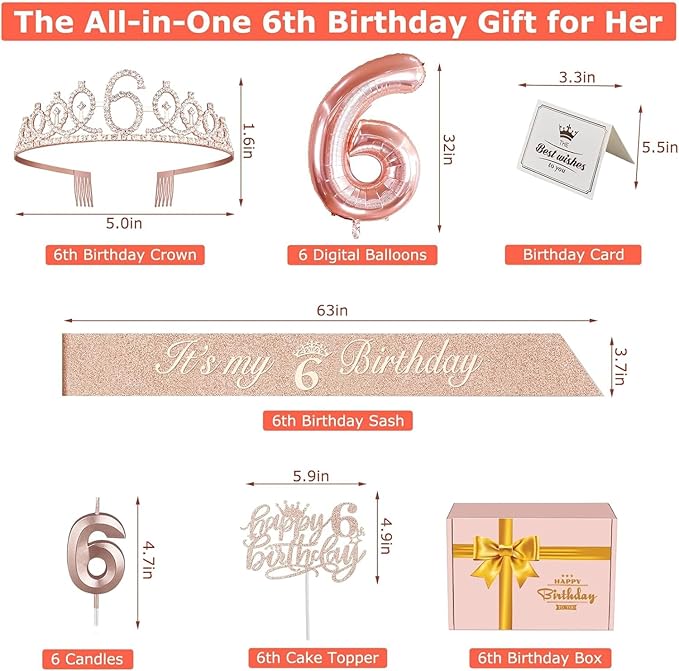 6th Birthday Decorations for Girls, Including 6th Birthday Sash and Tiara, Cake Topper and Candle, Number Balloon, 6 Year Old Girl Gifts
