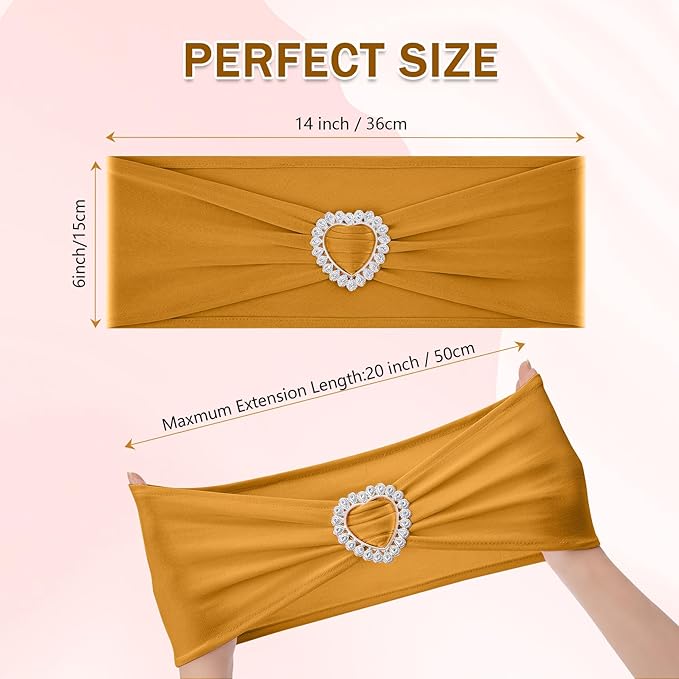 Howhic Pack of 120 Spandex Chair Sashes Bows Stretch Chair Cover Band with Buckle Slider Universal Elastic Chair Ties for Wedding Banquet Party Event Decoration (Gold)