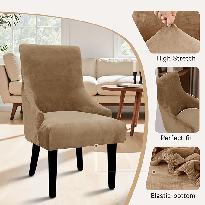 Velvet Wingback Dining Chair Cover Soft Stretch Accent Chair Cover Slipcover Thick Plush Wing Back Chairs Covers Furniture Protect Washable Chairs Protector Covers for Dining Room (Brown, 4)