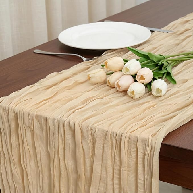 3 Pack Sand Cheesecloth Table Runner 120 Inch 10FT Cheese Cloth Fabric Beige Runners for Wedding Decoration, Boho Decor, Retro Decoration