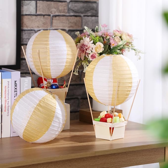 Namalu 24 Set Hot Air Balloon Table Centerpieces Baby Shower Party Decoration Paper Lanterns with Wooden Basket Sticks for Summer Birthday School DIY Craft(White Khaki)