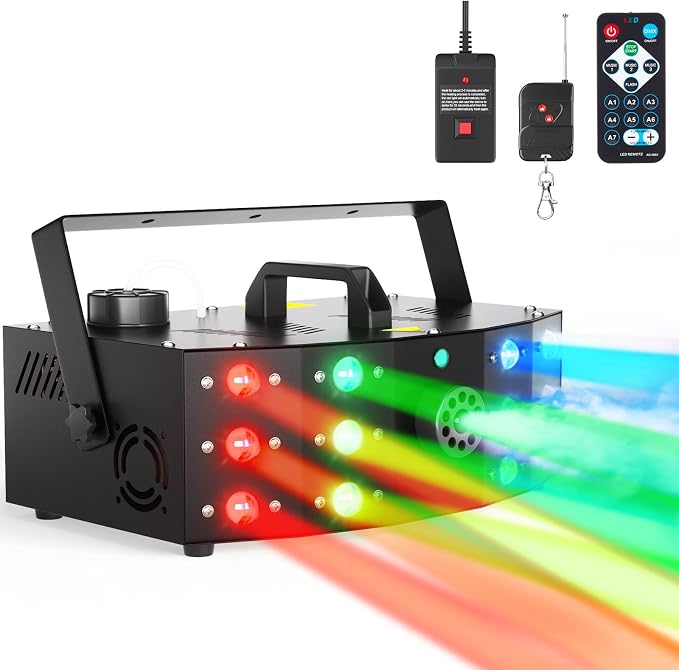 Hakuta Fog Machine Smoke Machine with 12 LED Colorful Beam Light DMX Light Control & Manual Control & Wireless Remote Perfect for Indoor Wedding, Halloween, Party and Stage Effect
