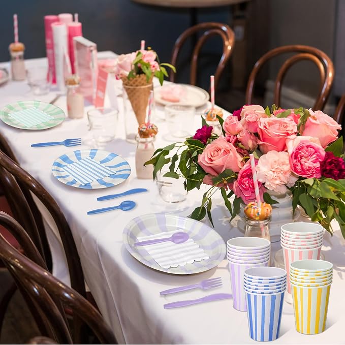 Meanplan 288 Pcs Pastel Striped Party Supplies Include 9 Inch Stripe Paper Plate Cups Paper Napkins Colorful Disposable Tableware Striped Pastel Rainbow Dinnerware Set for Baby Shower Birthday Wedding