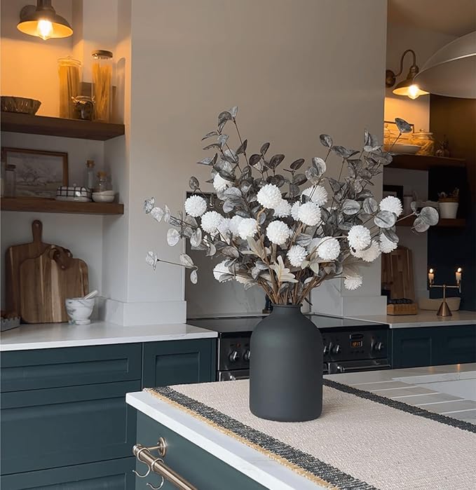 Laelfe 10 Kiku Artificial Flowers + 5 Large Eucalyptus Branches, Silk Fake White Flowers Pompon Mums (Ball Flower Stems) - Decor for Home, Centerpieces & Shower Arrangements(Vase not Included)