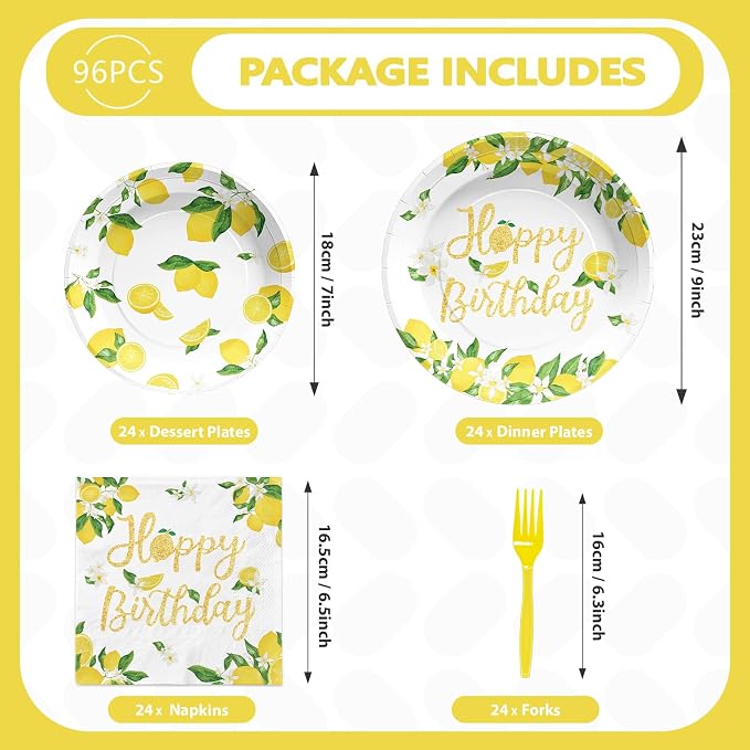 96Pcs Lemon Birthday Decorations Freshly Graduated Party Plates and Napkins Tableware Sets Lemonade Graduation Party Decorations for Summer Lemon Birthday Baby Shower Fruit Theme Supplies Serves 24