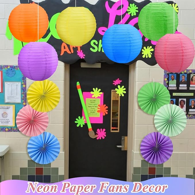 Flutesan 12 Pcs Illumination Neon Decorations for VBS Classroom Hanging Decor Neon Paper Lanterns and Paper Fans for Back to School Party Classroom Office Ceilings Decor Supplies
