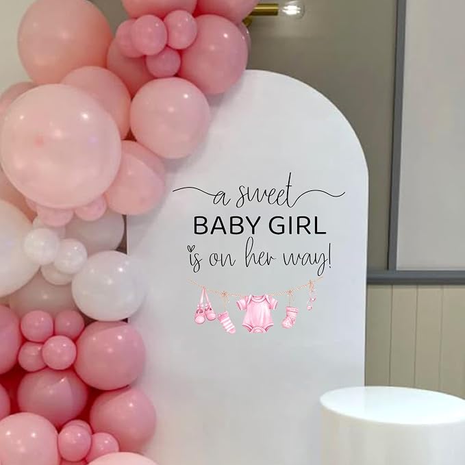A Sweet Baby Girl is On Her Way Decal - Baby Girl Nursery Wall Decal, Pink Clothesline Design, Gender Reveal Party Decoration (Pink)
