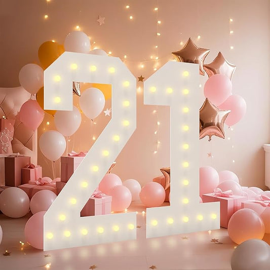 4FT Light Up Numbers, Marquee Numbers 4 Feet Tall Giant Number 21 Mosaic Big Number Sign for 21th Birthday Party Backdrop Anniversary Decorations, Pre-Cut Large Frame 21