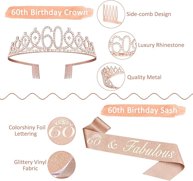 60th Birthday Decorations Gifts for Women Including Crown, Sash, Cake Topper, Candles and 12oz Wine or Coffee Tumbler Mug with Lid, Gifts for 60 Year Old Woman