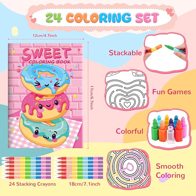 BenLouis 24 Fast Food Mini Coloring Books Kids with 24 Stacking Crayons Snacks Donut Pizza Party Favors Activity Books Bulk for Kids Delicious Fast Food Goodie Bag Gift Stuffer Classroom Reward