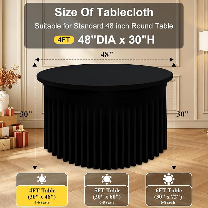 Smiry Round Spandex Tablecloth 2 Pack, Elastic Fitted Washable Tablecloths for 48 Round Tables, Waterpoof Stretch Table Cover Skirt for Outdoor, Wedding, Banquet & Parties, Black