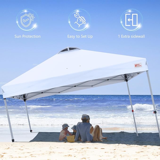 MASTERCANOPY 8x8 Pop Up Canopy Tent with 1 Sidewall, 1 Person Setup Instant Shelter, Outdoor Portable Beach Canopy, 1 Roller Bag, 4 Sandbags, 4 Ropes, 8 Stakes (8x8, White)
