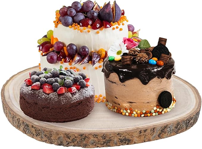 2 Pcs Wood Cake Stands Rustic,10-12 inch Round Log Slices for Centerpieces & DIY Craft, Natural Wooden Display Discs for Cupcakes, Pastries, Cheese, Desserts | Wedding, Birthday, Party Table Decor