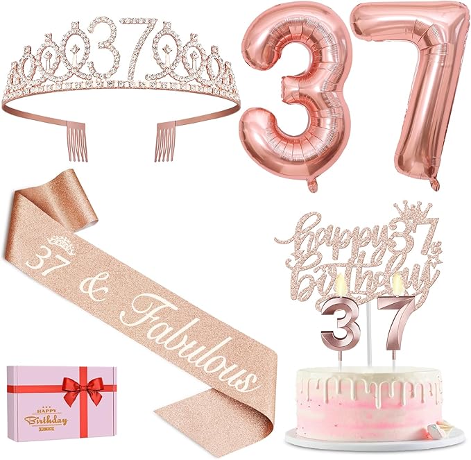 37th Birthday Decorations for Women, Including 37th Birthday Sash and Tiara, Cake Topper and Candles, Number Balloons, 37 Year Old Gifts for Women