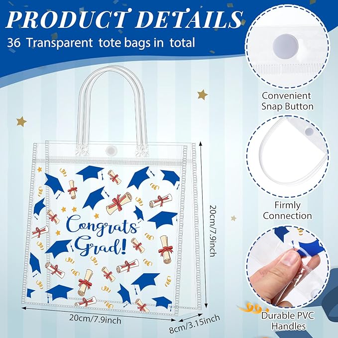 Supervitae 36 Pcs Graduation Gift Bags Bulk Clear Congrats Grad Goodies Bag with Handle Treats Tote for School Class 2026 End of Year Party Supplies, 8 x 8 x 3.15 Inch