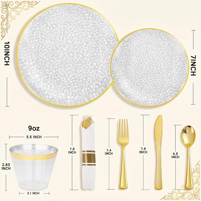 175PCS Clear Plastic Plates for 25 Guests, Disposable Plates for Party, Heavy Duty Disposable Plate Set Include: 25 Dinner Plates, 25 Dessert Plates, 25 Cups and Cutlery for Wedding & Party