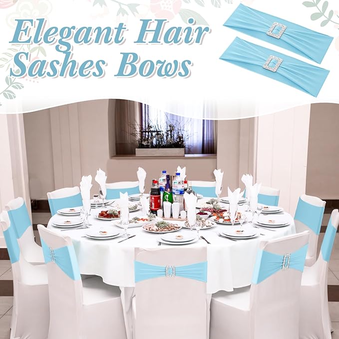 VitalCozy 150 Pcs Spandex Chair Sashes with Square Buckle Slider Stretch Chair Cover Band Universal Elastic Ties Straps Bows for Wedding Banquet Event Party Decoration(Blue)