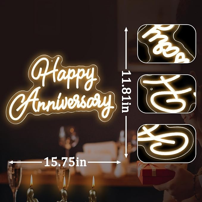 Happy Anniversary Neon Sign,Wedding Birthday Party Bar Decoration Neon Light for Anniversary, Dimmable LED Sign for Pub Christmas,Restaurant,Bedroom Wall Decor