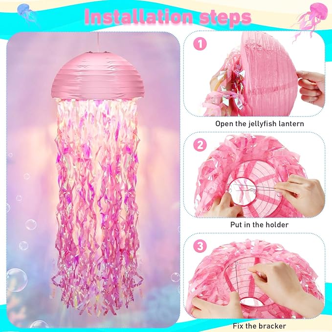 Baquler Set of 12 Jellyfish Paper Lanterns 10 Inch Semicircle Lanterns Hanging Decoration for Mermaid Sea Ocean Birthday Party Decorations(White, Pink, Rose Red, Peach)