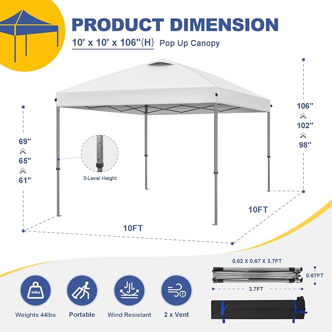 Explore Land 10x10 Pop Up Canopy with One Push Setup Heavy Duty Outdoor Sun Shade Tent for Beach,Camping,Events,Parties(White)