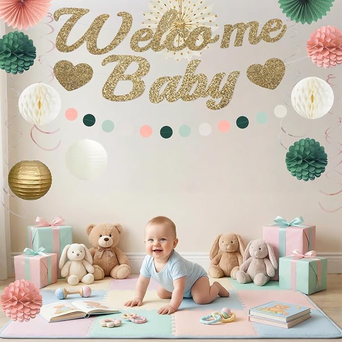 Pink Sage Green Baby Shower Decorations, Welcome Baby Banner with Honeycomb Balls, Paper Flowers, Lanterns, Fans, Circle Garland for Nursery, Gender Reveal Party Decor 19pcs