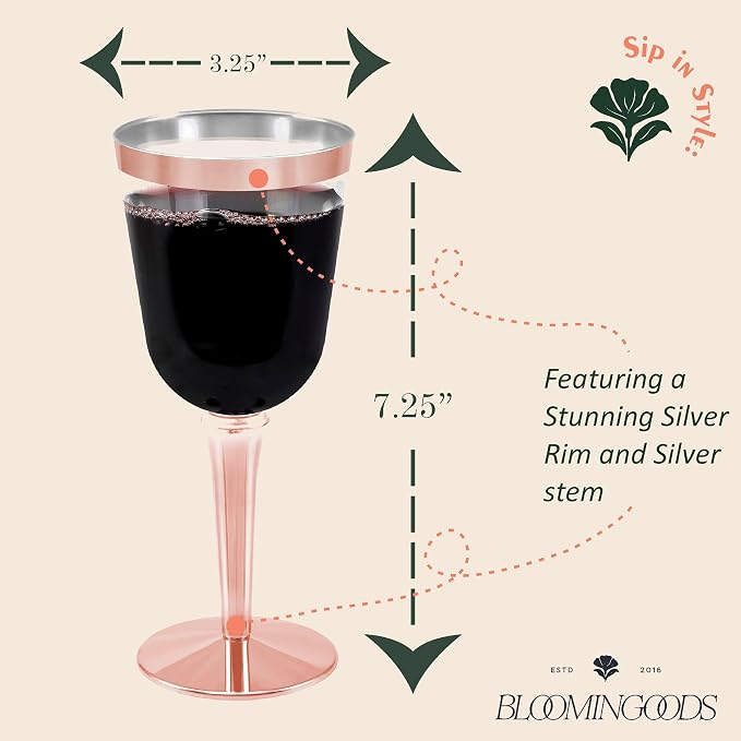 BloominGoods 50 Rose Gold Rimmed Disposable Plastic Wine Glasses | Large 10 oz. Premium Clear Hard Plastic Fancy Wine Cups for Weddings & Events (50-Pack)