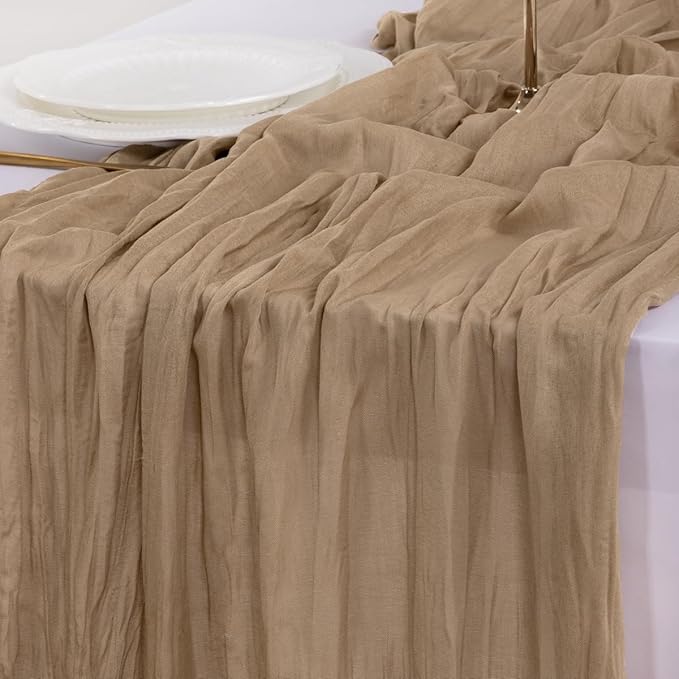 Socomi 3pcs Nude Brown Cheesecloth Table Runner Summer Boho Rustic Gauze 120 inch 10FT Cheese Cloth Sheer Runner for Wedding Party Baby Shower Birthday Home Decor Holiday Decorations
