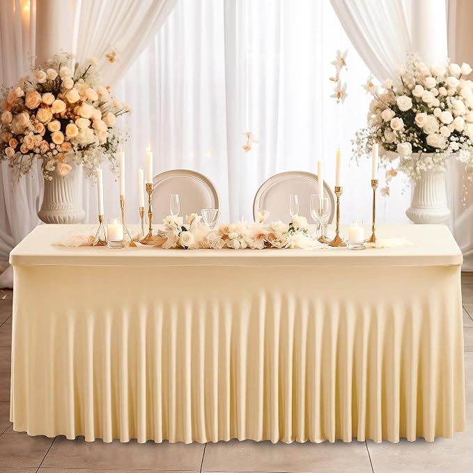 Wish Care 2 Pack Champagne Spandex Table Clothes for 4 Foot Rectangle Tables, 4FT Wrinkle Free Fitted Tablecloths Ruffles Design Table Cover for Party, Banquet, Wedding and Events