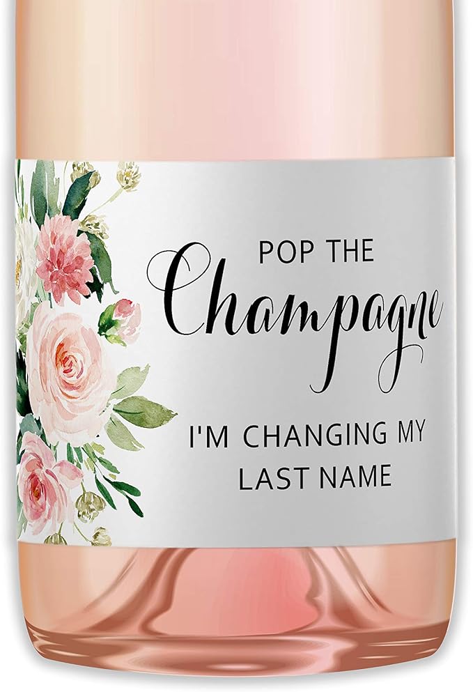POP The Champagne I’m Changing My Last Name Labels ● Set of 12 ● Bachelorette Party Bridal Shower Bride Squad Mini Champagne Bottle Labels Wine Label Alternative to Cards Shirts (Blush Floral)