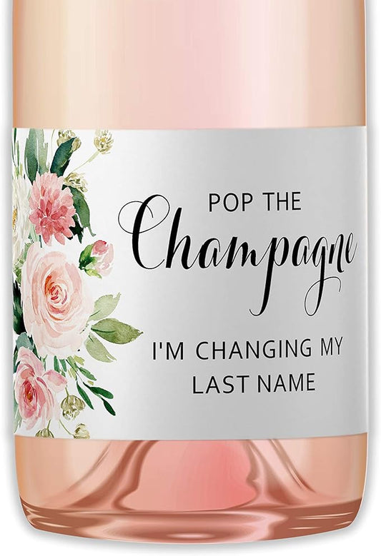 POP The Champagne I’m Changing My Last Name Labels ● Set of 12 ● Bachelorette Party Bridal Shower Bride Squad Mini Champagne Bottle Labels Wine Label Alternative to Cards Shirts (Blush Floral)