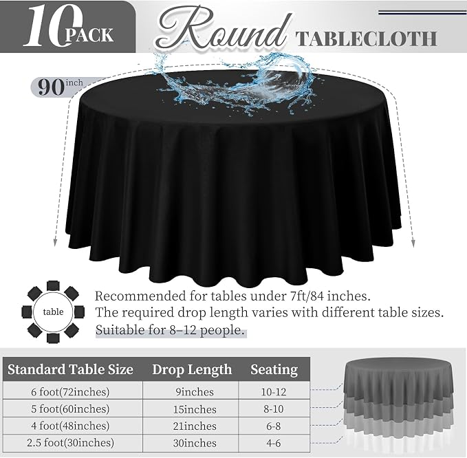 Pesonlook 10 Pack Black Round Tablecloth 90 Inch, Waterproof Polyester Fabric Table Cloth for Round Tables, Stain Wrinkle Resistant Tablecloths Washable Table Cover for Wedding Dining Party Banquet