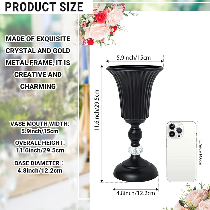 11.6 inches Metal Wedding Flower Trumpet Stripe Vases Table Centerpieces for Artificial Flower Arrangements for Anniversary Celebration/Wedding/Party/Birthday Event Aisle Home Decor (Black, 2pcs)