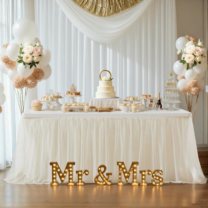 Champagne Tablecloth for 6 Foot Rectangle Tables with Tulle Table Skirt, Party Table Cloths Ruffle Tutu Table Skirt Stretch Fitted Table Covers for Baby Shower Wedding Bridal Shower Birthday Reception