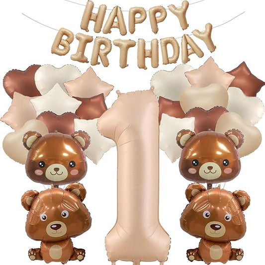 36 Pcs Bear Balloons, 1st Number Balloons 40 inch Teddy Bear Balloons Baby Shower Decorations Happy Birthday Balloons Banner Foil Animal Balloons for We Can Bearly Waits Theme Birthday Party Decor