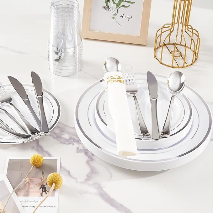 Fijinhom 350 Pieces Silver Disposable Plates for 50 Guests, Disposable Plastic Plates for Party, Wedding, Dinnerware Set of 50 Dinner Plate, 50 Salad Plate,50 Cups and 50 Paper Napkins, Silver