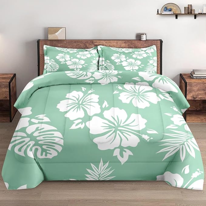 Pamnest Comforter Set Twin Size, Hibiscus Surf Floral Soft 2 Pcs Bedding for Kids and Adults, Hawaiian Hawaii Flower Comforter Set with Pillowcase, for Bedroom Bed Decor