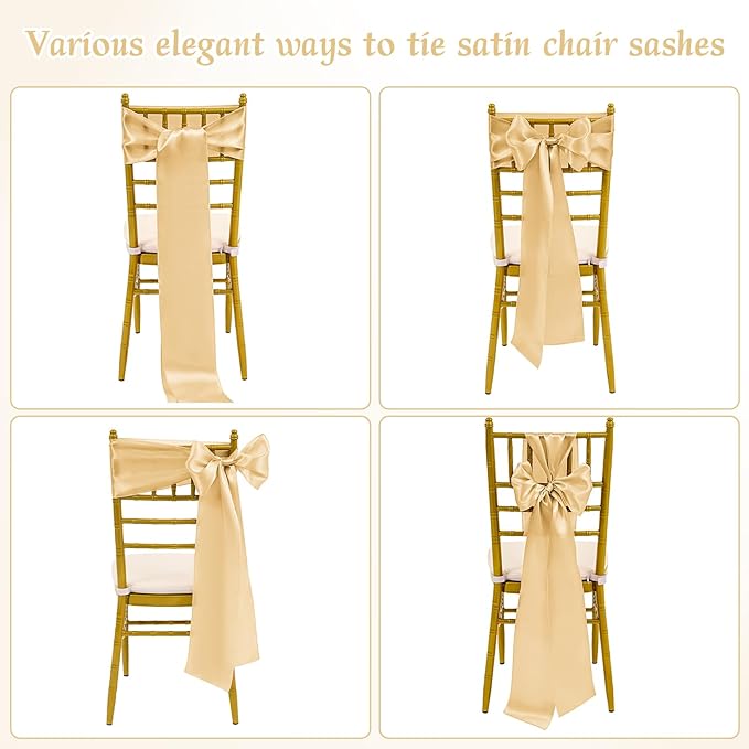 120 PCS Champagne Satin Chair Sashes, Ties Bows Designed Sashes for Washable Reusable Chair Covers Supplies for Wedding Reception Events Banquets Party Hotel Event Aisle Decorations (7 x 108 inch)